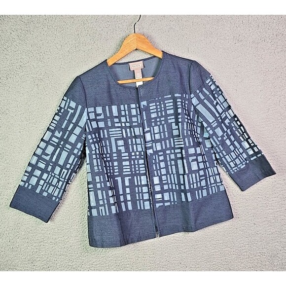Chicos Lightweight Blue Gray Burnout Jacket Size 0 Geometric Pattern 3/4 Sleeve - Picture 6 of 15